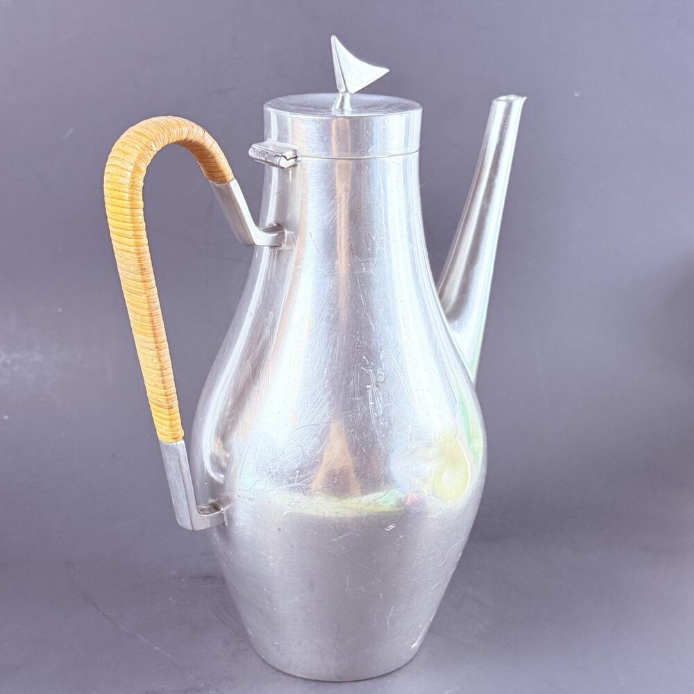 Reed & Barton Pewter MCM Coffee Tea Pot Set Danish Modern Rattan Handle Atomic - Picture 15 of 16